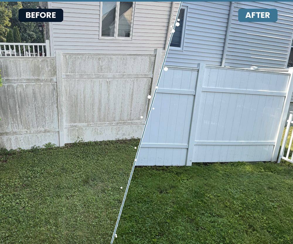 A vinyl privacy fence shown in two halves. The left half is grey and streaked with algae and weathering. The right half has been soft washed back to clean white.